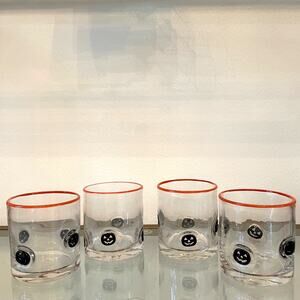 Set of 4 PUMPKIN Double Old Fashioned Glasses 4" Orange Black Halloween Barware